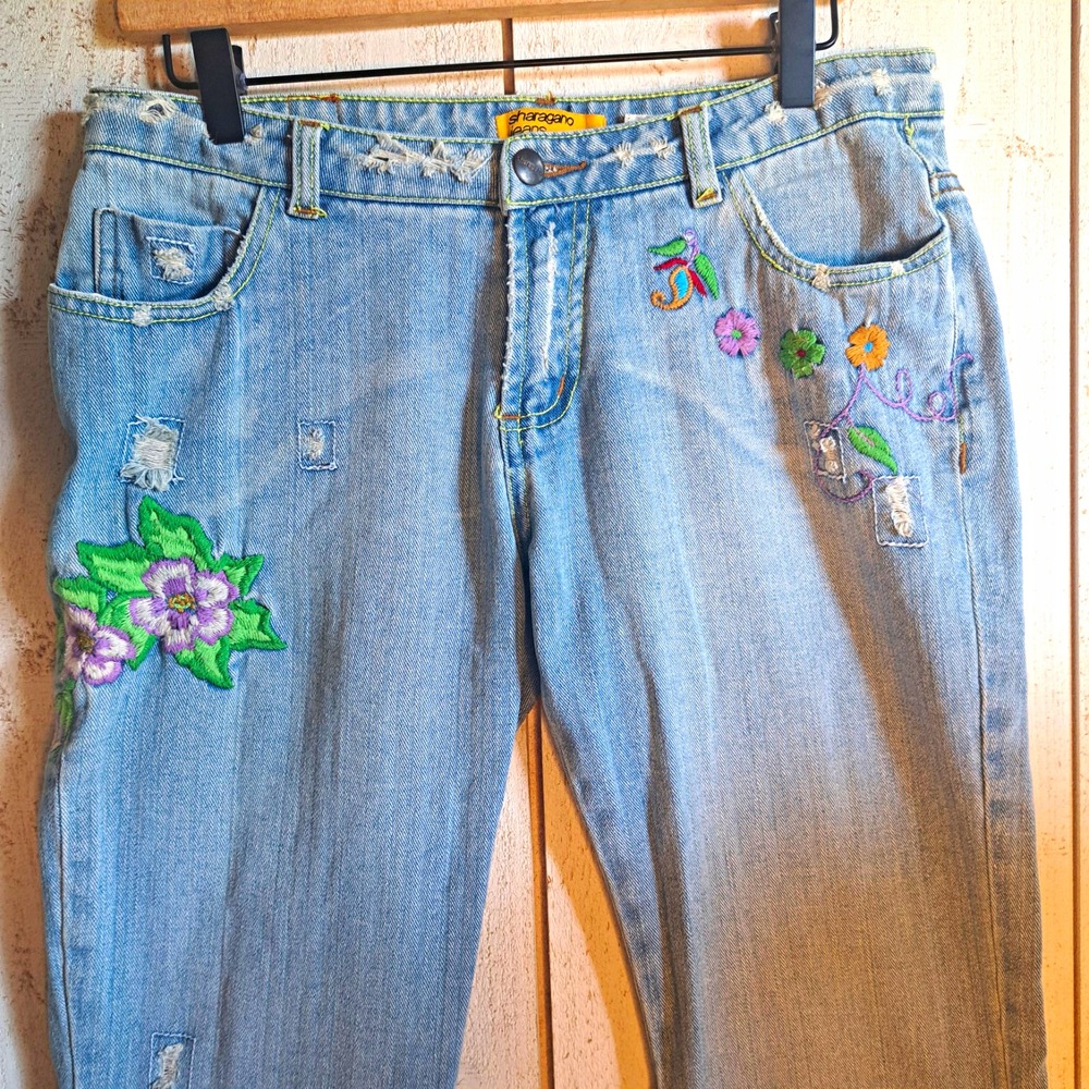Sharagano Y2k Fashion 2000s Whimsigoth Embroidered Hippie Floral W30 Flare Jeans